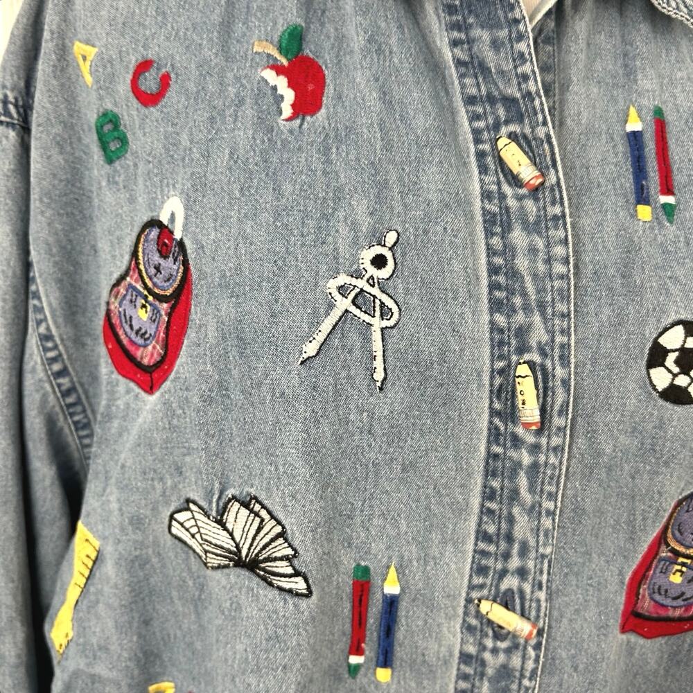 💗Sold💗not for sale💗Women Teacher Denim Button Up Top Long Sleeve Artsy School Bl - Picture 7 of 11